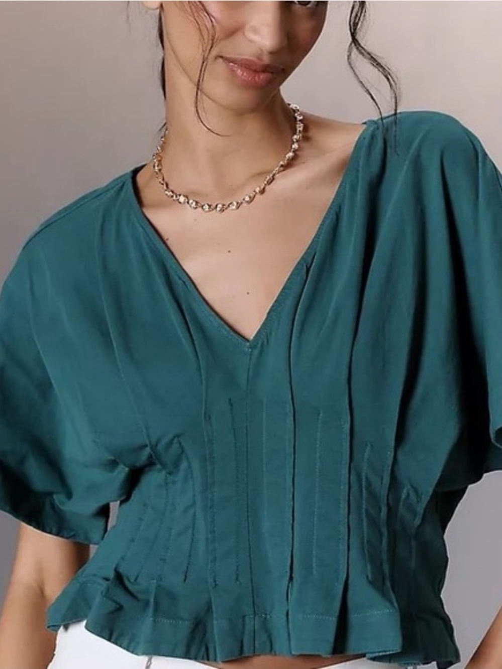 Anthropologie Teal V-Neck Pleated Peplum Blouse